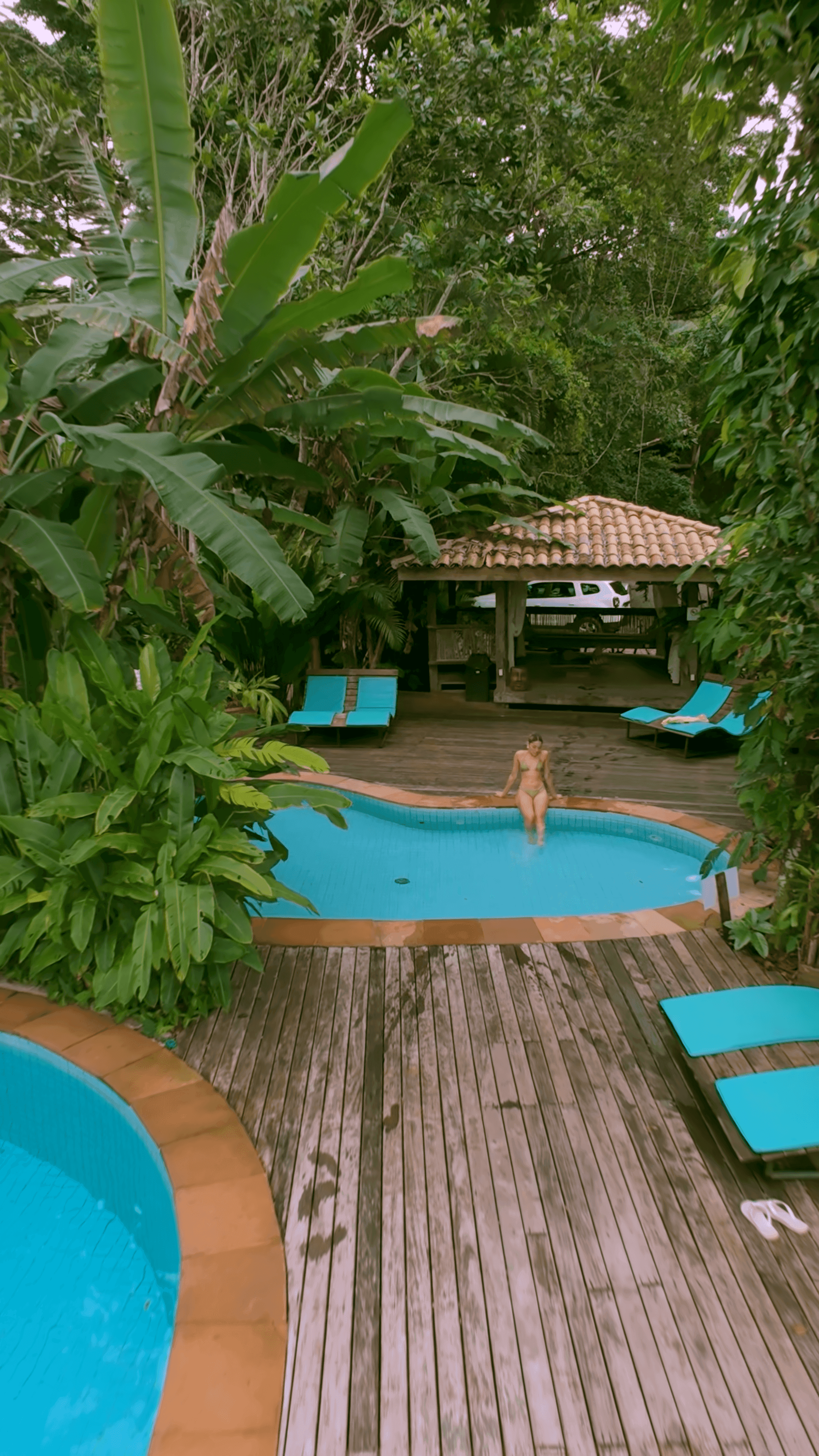 Piscina e deck de madeira vistos de cima, cercados de mata